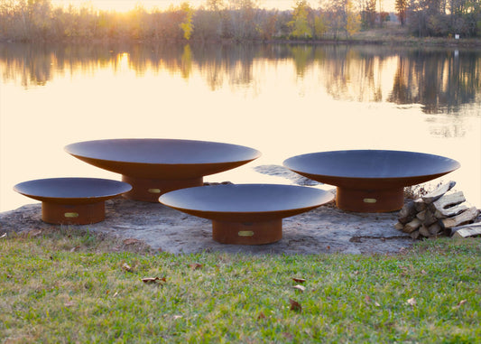 Asia Series oriental steel fire pit, showcasing all four available size variants in a comparative view.