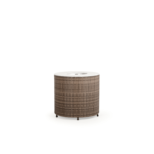 Bahama 27-inch round wicker fire pit with a stone top and included lid.