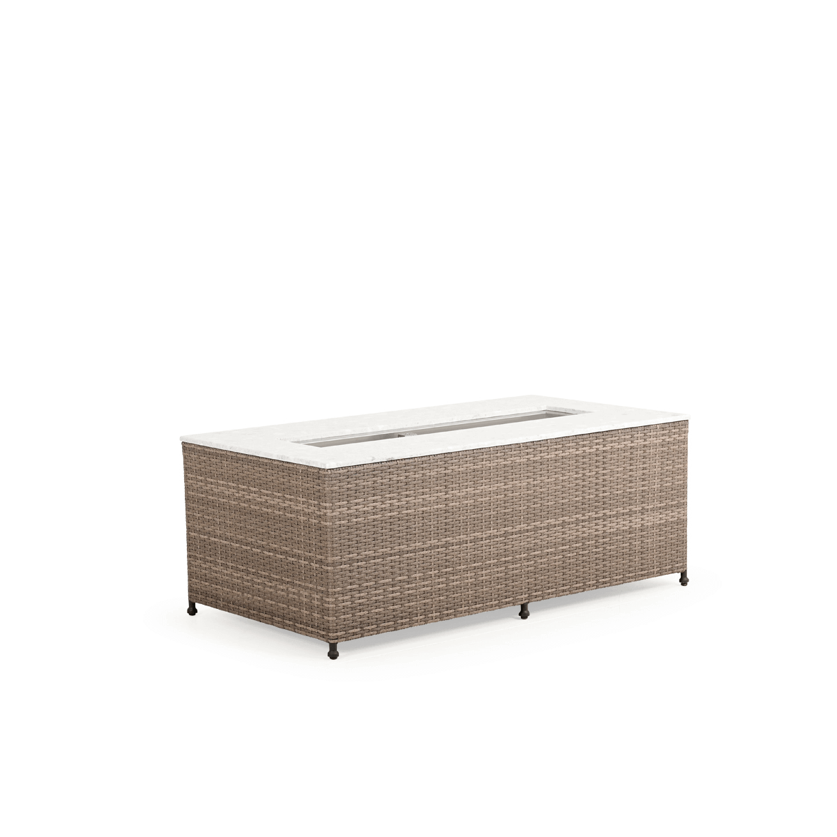 Bahama Rectangular Wicker Stone Top Fire Pit with Lid, against a white background.