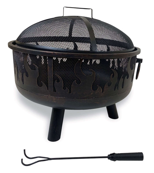 The Black Wood burning fire pit with a Beautiful Flame Design and log tool, displayed on a white background.