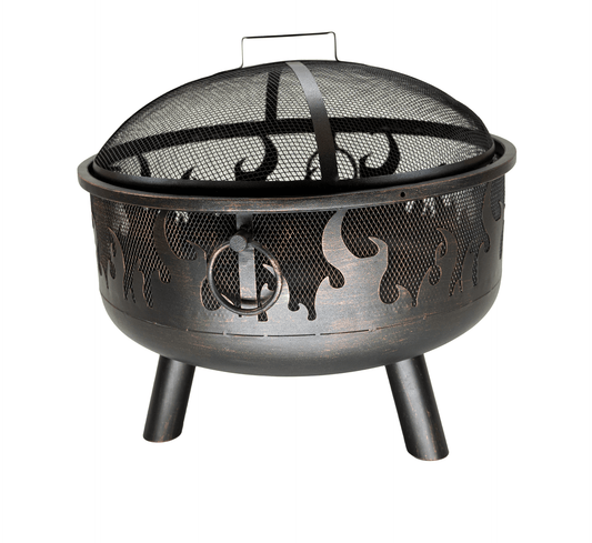 The Black Wood burning fire pit with a Beautiful Flame Design, displayed on a white background.