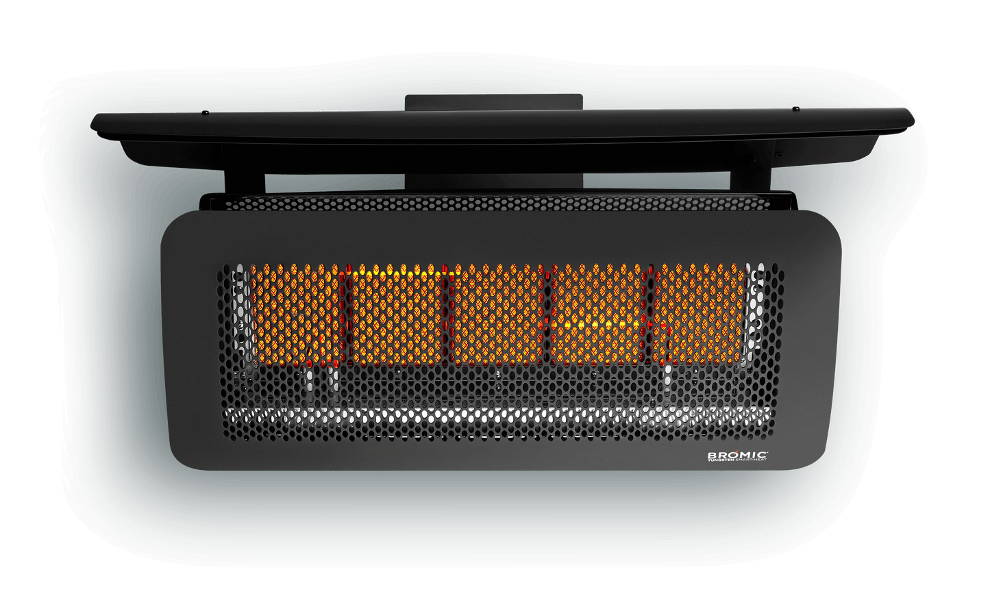 Black outdoor heater with orange heating elements on a white background
