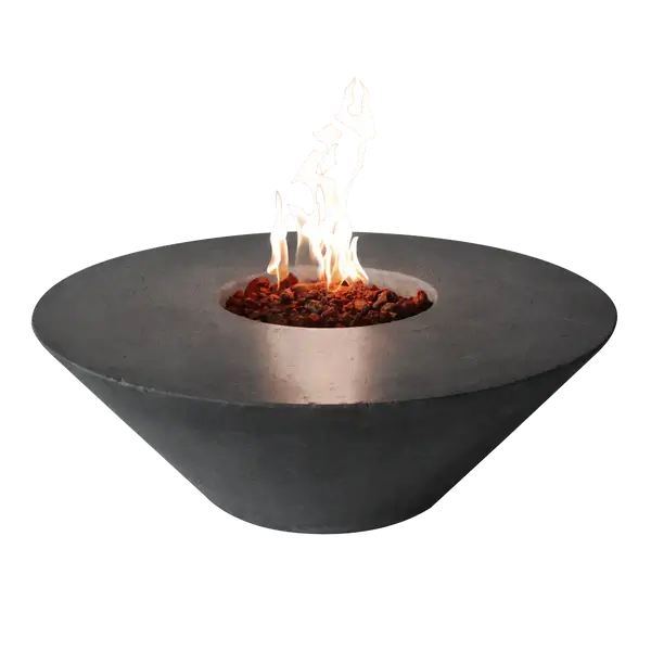 The Cairo Concrete Fire Bowl 01, displayed with the Graphite finish, and flame roaring through the fire rocks, in front of a white background.