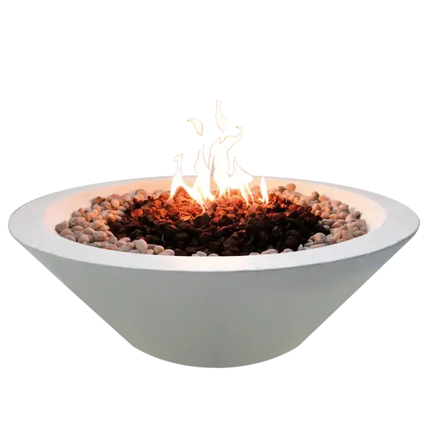 The Cairo Concrete Fire Bowl 02, displayed with the Marble White finish, and flame roaring through the fire rocks, in front of a white background.