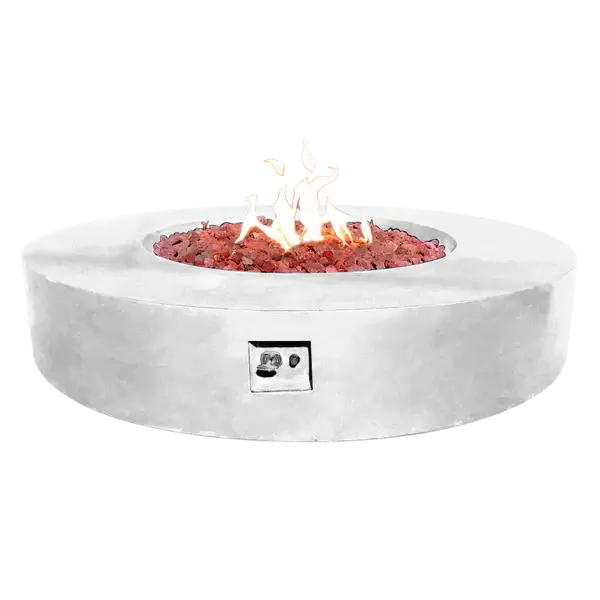 The Coliseo Concrete Cylinder Fire Pit 02 in the Marble White color option. Displayed with a beautiful warm flame, on a white background.