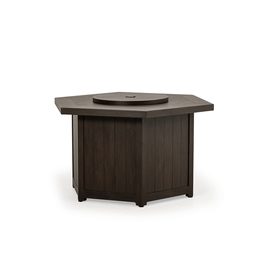 The Haven 42" Hexagon Aluminum Fire Pit with the black walnut finish, Displayed with the lid on, on a white background.