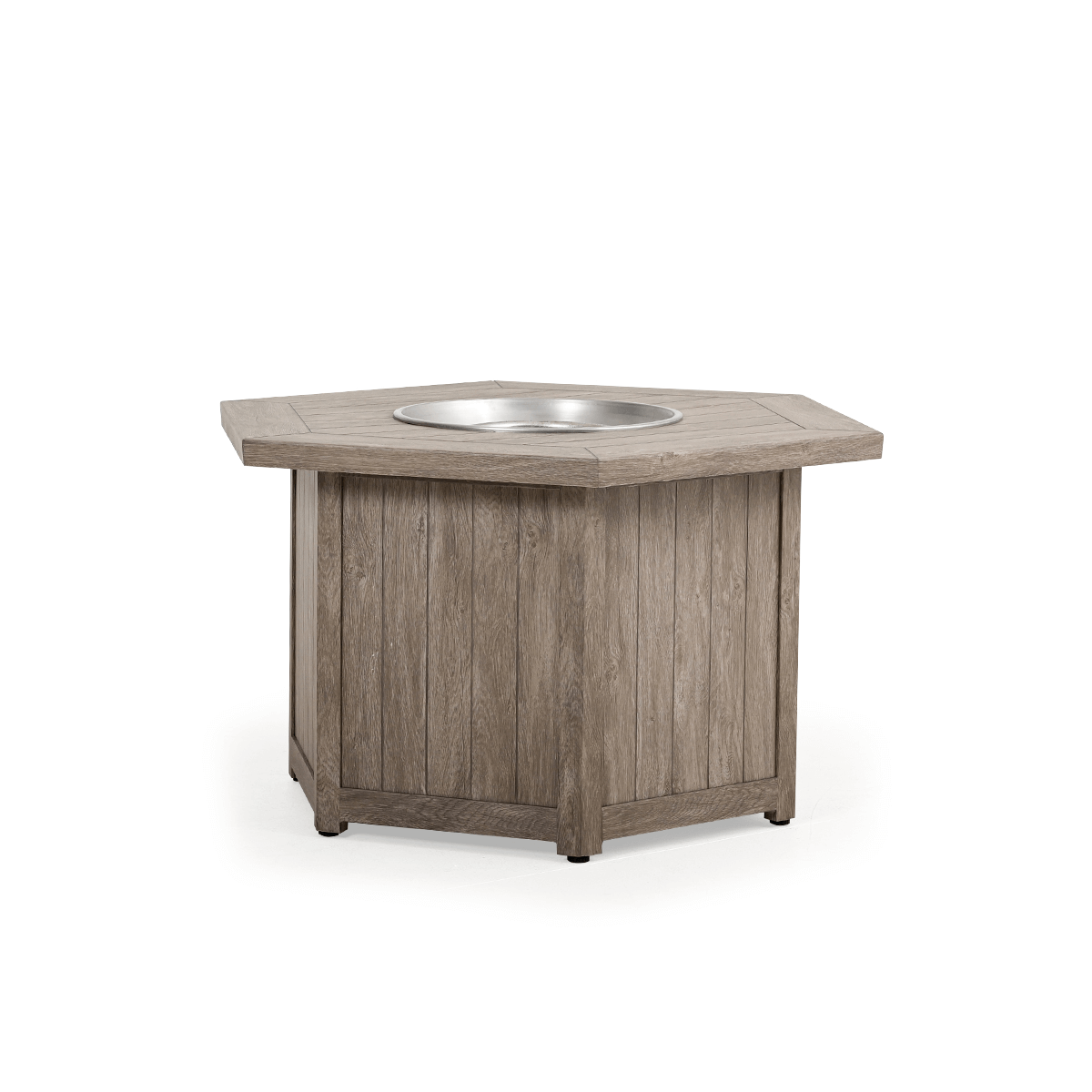 The Haven 42" Hexagon Aluminum Fire Pit with the Gray Birch finish, Displayed with the lid off, on a white background.