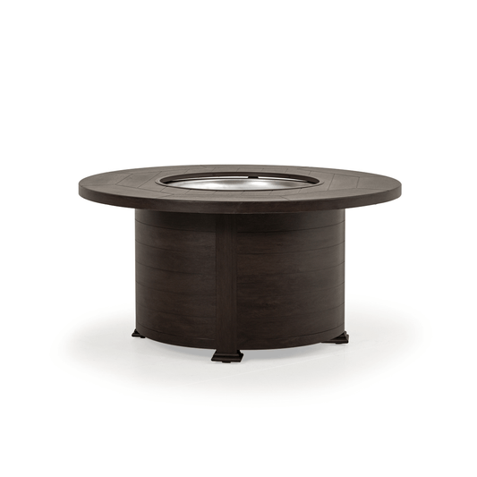 The Haven 48" Round Aluminum Fire Pit, displayed with the cover off, in a black walnut finish, on a white background.