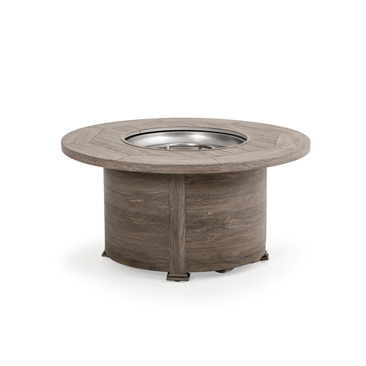 The Haven 48" Round Aluminum Fire Pit, displayed with the cover off, in a Grey Birch finish, on a white background.