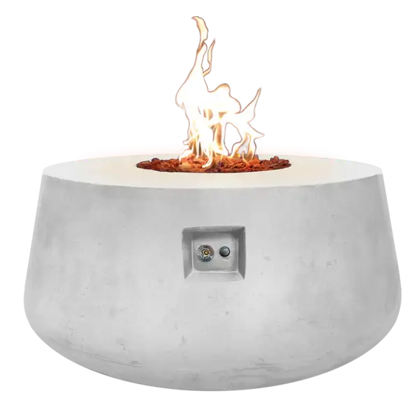 The Indiana Modern Fire Pit 01 in the Marble White color option. Presented with a warm flame, on a white background.