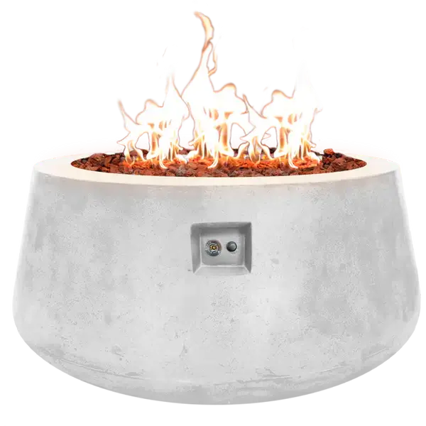 The Indiana Modern Fire Pit 02. Showcased in the Marble White color option with a warm flame, on a white background.