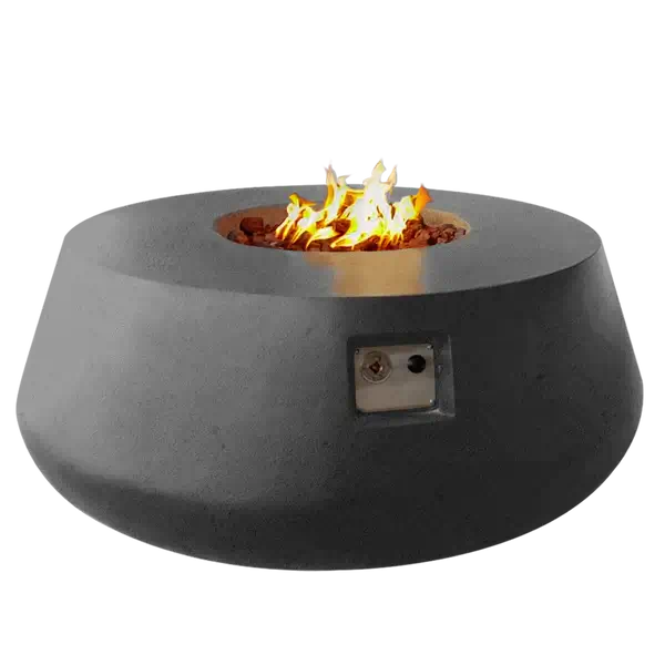 The Indiana Modern Fire Pit 03 in the Graphite color option, displayed on a white background, with a warm roaring flame.