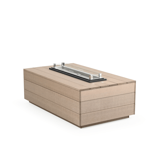 Kona Outdoor PoliSoul™ Rectangular Fire Pit with Wind Guard, shown in the Weathered Teak color option, on a white background.