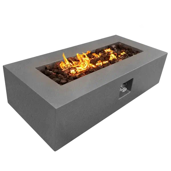 The beautiful Manhattan Concrete Rectangular Fire Pit 05, displayed in the Graphite color option with a warm flame, on a white background.