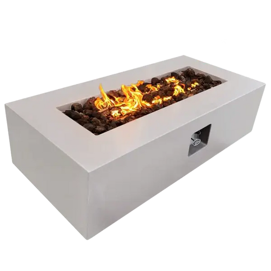 The beautiful Manhattan Concrete Rectangular Fire Pit 05, displayed in the Marble White color option with a warm flame, on a white background.