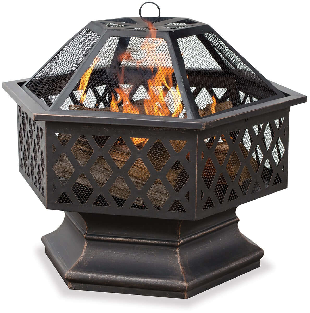 The Classy Oil Rubbed Bronze Wood Burning Outdoor Fire bowl with Lattice Design, displayed on a white background.
