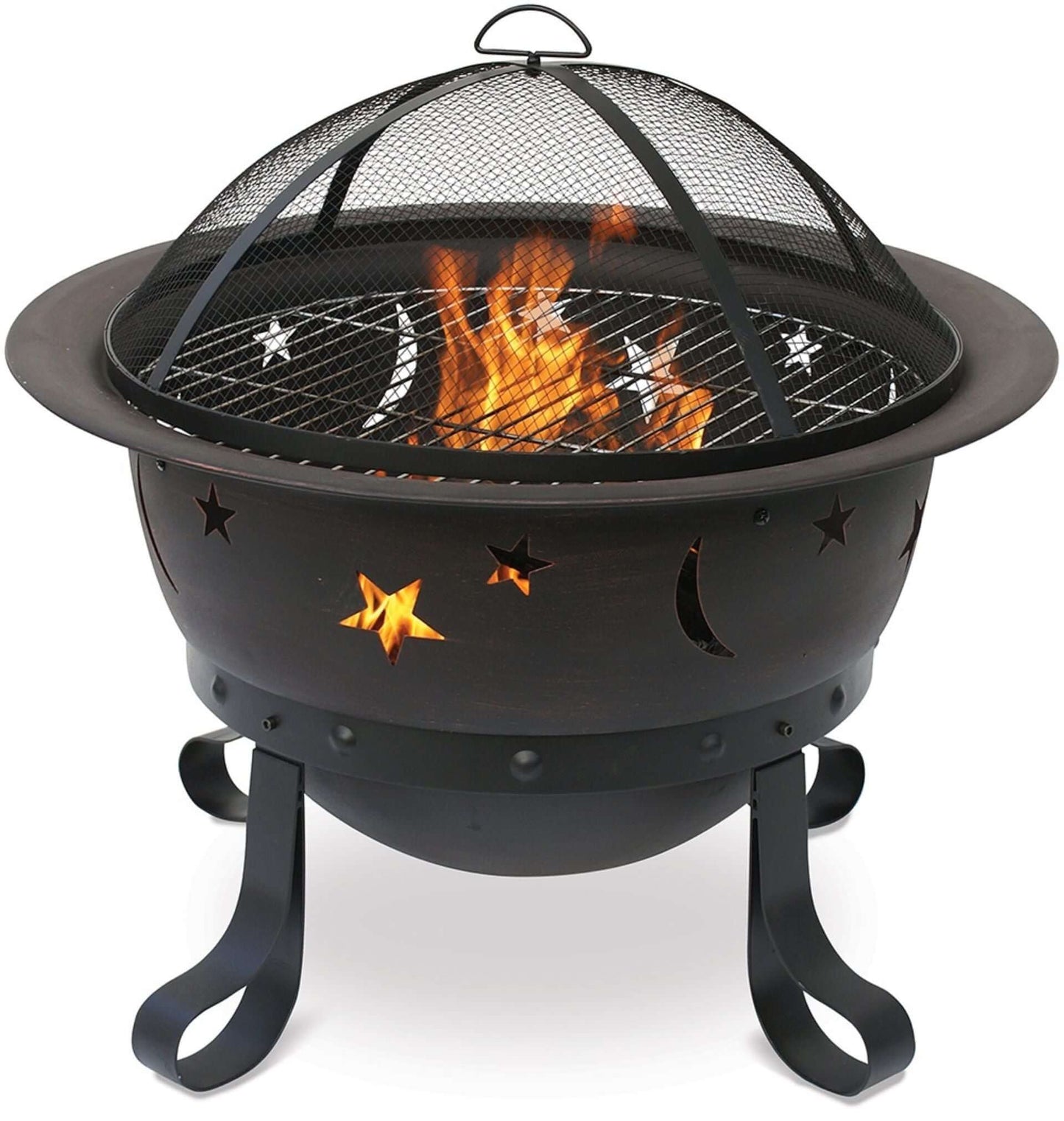 The Beautiful Oil Rubbed Bronze Wood Burning Outdoor Fire bowl with Stars and Moons, displayed on a white background.