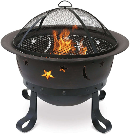 The Beautiful Oil Rubbed Bronze Wood Burning Outdoor Fire bowl with Stars and Moons, displayed on a white background.