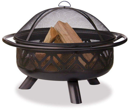 The stunning Oil Rubbed Bronze Wood Burning Outdoor Firebowl with Geometric Design, displayed full of wood,, on a white background.