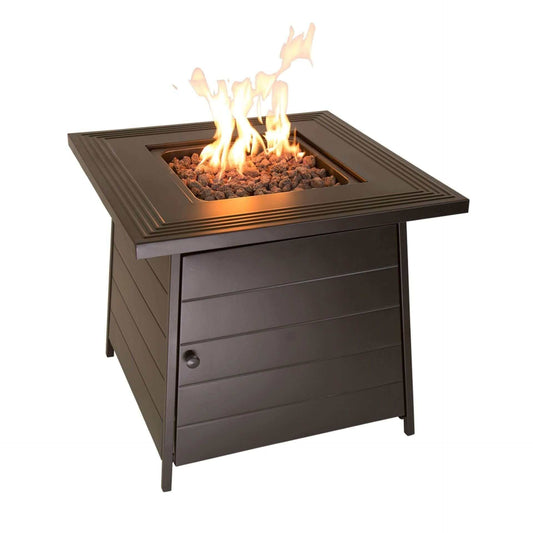 The Anderson, LP 28" Gas Steel Mantel Fire Pit, displayed on a white background, with a warm flame.