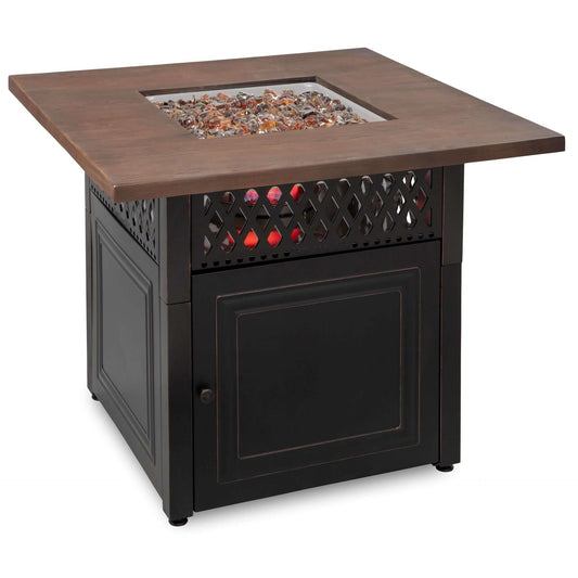The Donovan, Dual Heat LP Gas Outdoor Fire Pit/Patio Heater with Wood Look Resin Mantel Displayed on a white background.