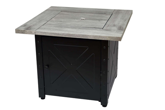 The Mason, 30" Square Gas Outdoor Fire Pit with Printed Wood Lat look Cement Resin Mantel, displayed with the cover on, on a white background.