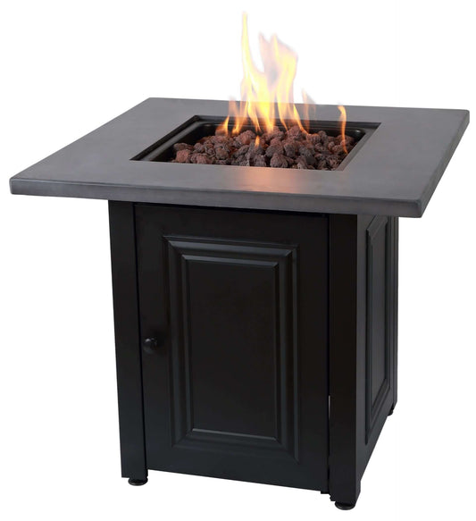 The Wakefield, LP Gas Outdoor Fire Pit with Concrete Resin Mantel, shown with a warm flame, displayed on a white background.