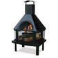 Black Wood Burning Outdoor Firehouse with Chimney & Cooking Grate, containing fire with warm flames, displayed on white background.