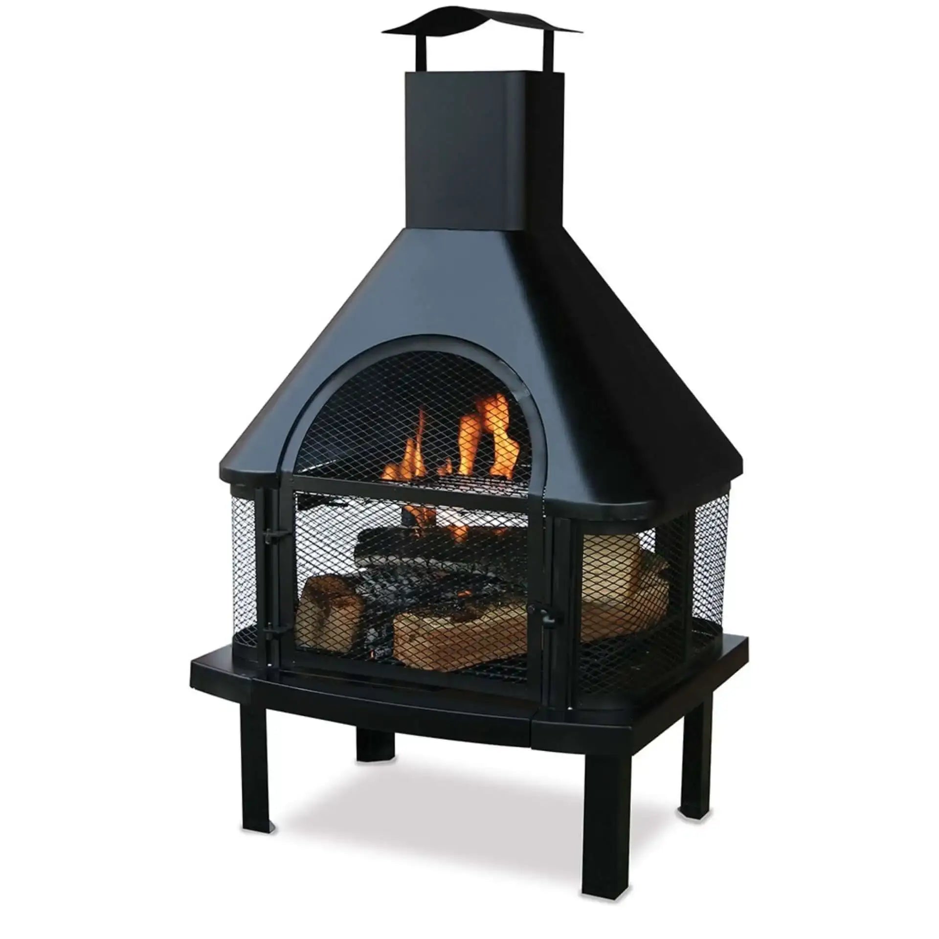 Black Wood Burning Outdoor Firehouse with Chimney & Cooking Grate, containing fire with warm flames, displayed on white background.
