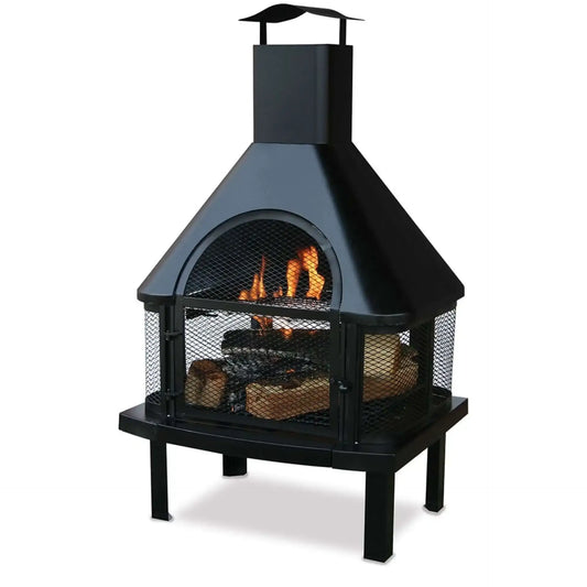 Black Wood Burning Outdoor Firehouse with Chimney & Cooking Grate, containing fire with warm flames, displayed on white background.