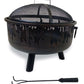 The Black Wood burning fire pit with a Beautiful Flame Design and log tool, displayed on a white background.