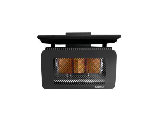 Black patio heater with glowing elements on a white background