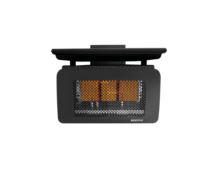 Black patio heater with glowing elements on a white background