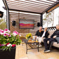 People sitting on a patio with outdoor furniture and heaters, enjoying a scenic view.