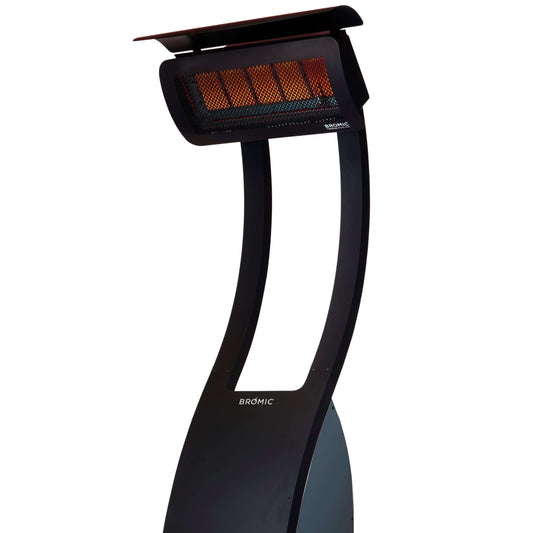 Black outdoor patio heater with visible brand logo on a white background