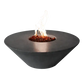 The Cairo Concrete Fire Bowl 01, displayed with the Graphite finish, and flame roaring through the fire rocks, in front of a white background.