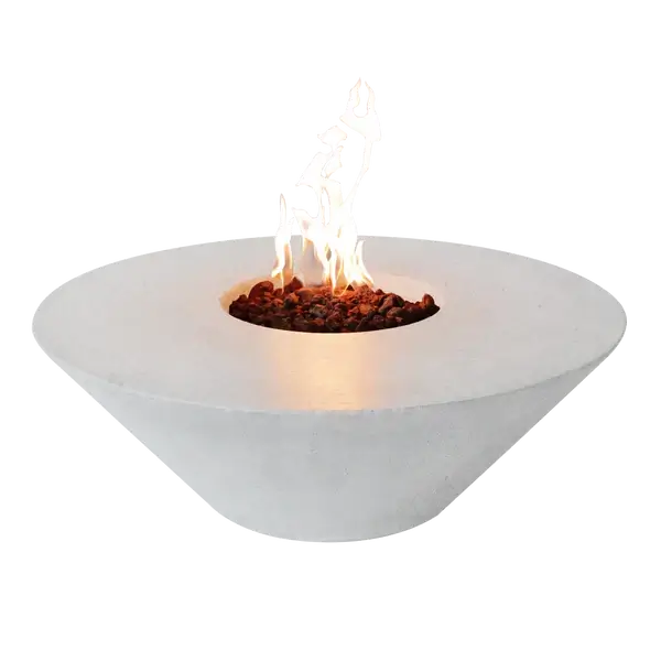 The Cairo Concrete Fire Bowl 01, displayed with the White Marble W finish, and flame roaring through the fire rocks, in front of a white background.