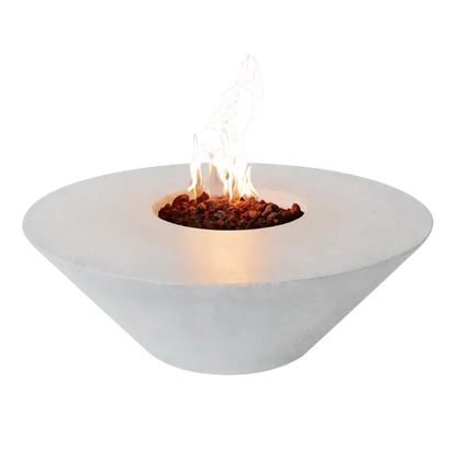 The Cairo Concrete Fire Bowl 01, displayed with the White Marble W finish, and flame roaring through the fire rocks, in front of a white background.