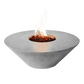The Cairo Concrete Fire Bowl 01, displayed with the Natural Concrete finish, and flame roaring through the fire rocks, in front of a white background.
