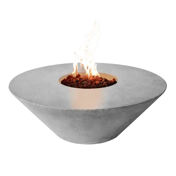 The Cairo Concrete Fire Bowl 01, displayed with the Natural Concrete finish, and flame roaring through the fire rocks, in front of a white background.