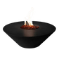The Cairo Concrete Fire Bowl 01, displayed with the Noir finish, and flame roaring through the fire rocks, in front of a white background.