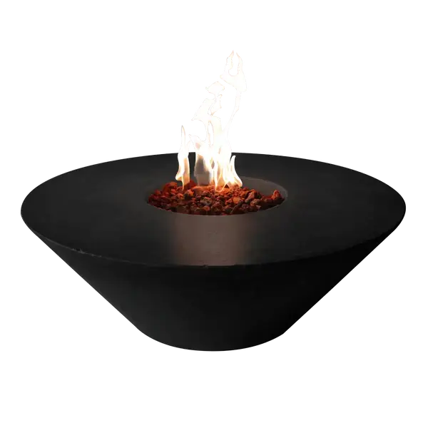 The Cairo Concrete Fire Bowl 01, displayed with the Noir finish, and flame roaring through the fire rocks, in front of a white background.
