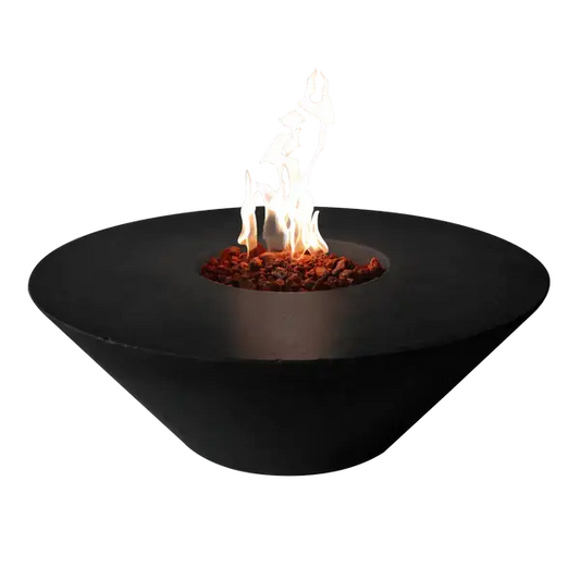 The Cairo Concrete Fire Bowl 01, displayed with the Noir finish, and flame roaring through the fire rocks, in front of a white background.