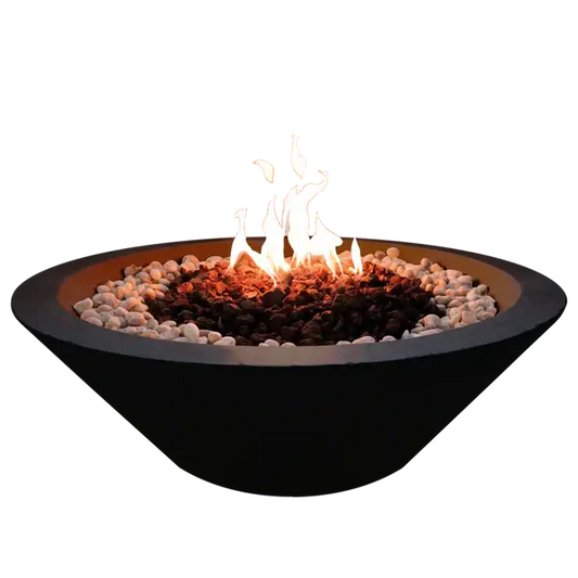 The Cairo Concrete Fire Bowl 02, displayed with the Noir finish, and flame roaring through the fire rocks, in front of a white background.