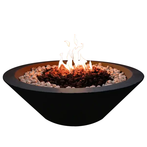 The Cairo Concrete Fire Bowl 02, displayed with the Noir finish, and flame roaring through the fire rocks, in front of a white background.