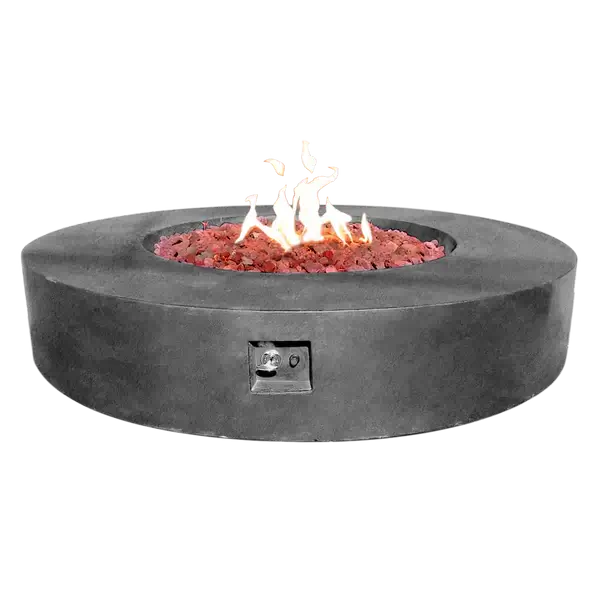 The Coliseo Concrete Cylinder Fire Pit 02 in the Graphite color option. Displayed with a beautiful warm flame, on a white background.