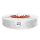 The Coliseo Concrete Cylinder Fire Pit 02 in the Marble White color option. Displayed with a beautiful warm flame, on a white background.