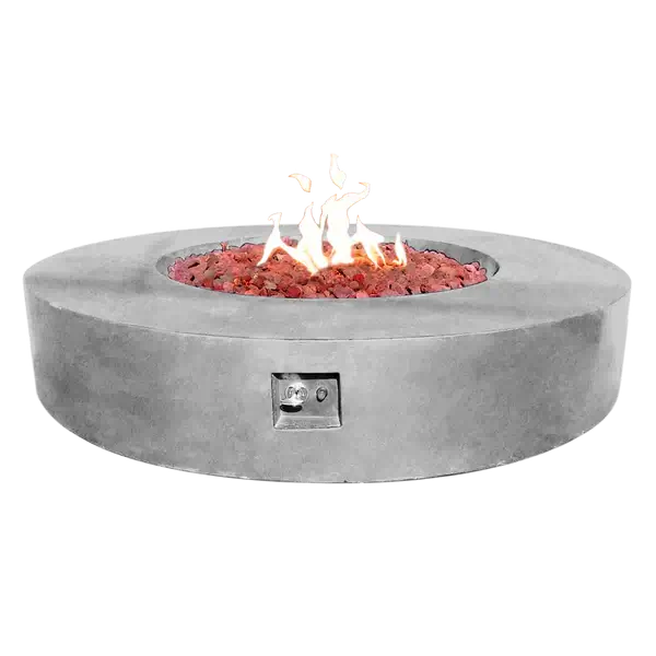 The Coliseo Concrete Cylinder Fire Pit 02 in the Natural Concrete color option. Displayed with a beautiful warm flame, on a white background.