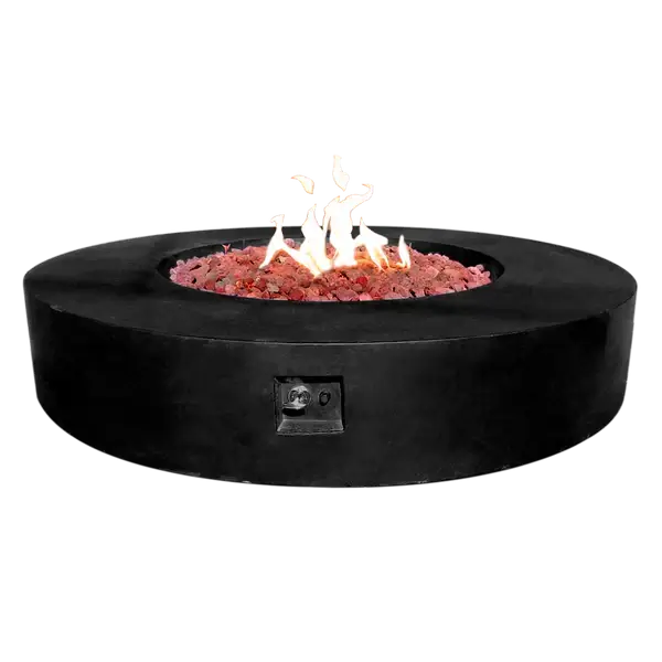The Coliseo Concrete Cylinder Fire Pit 02 in the Noir color option. Displayed with a beautiful warm flame, on a white background.