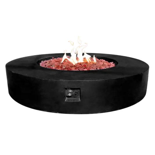 The Coliseo Concrete Cylinder Fire Pit 02 in the Noir color option. Displayed with a beautiful warm flame, on a white background.